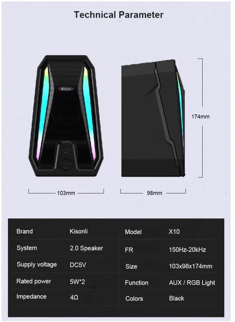 Kisonli - KISONLI X10 USB + AUX 3.5MM Speaker RGB Speaker for Computer, LAPTOP 5 WATT PER SPEAKER  WITH MODERN ERGONOMIC DESIGN PERFECT FOR YOUR COMPUTER  SETUP - Image 1