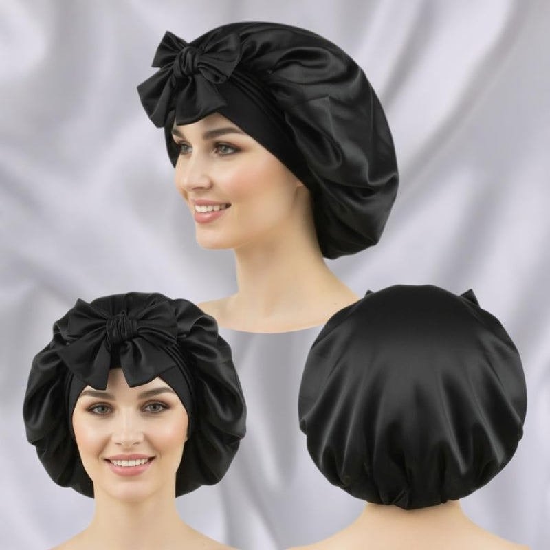 TALE KING Satin Bonnets for Sleeping Women Curly Hair Cover Large Silk Hair Bonnet Night Caps Satin Sleep Cap with Tie Band (Black) - Image 2