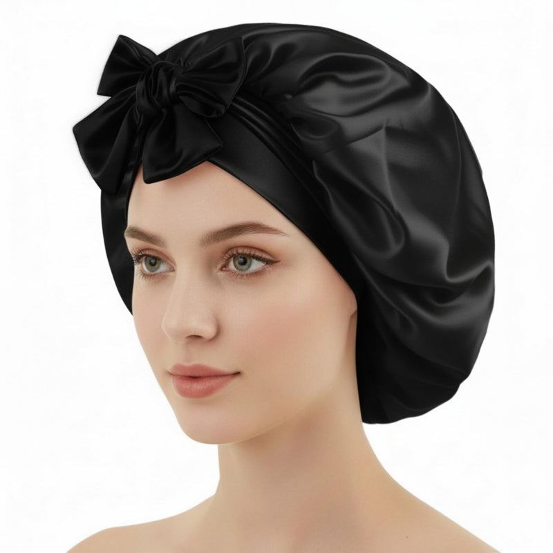 TALE KING Satin Bonnets for Sleeping Women Curly Hair Cover Large Silk Hair Bonnet Night Caps Satin Sleep Cap with Tie Band (Black) - Image 1