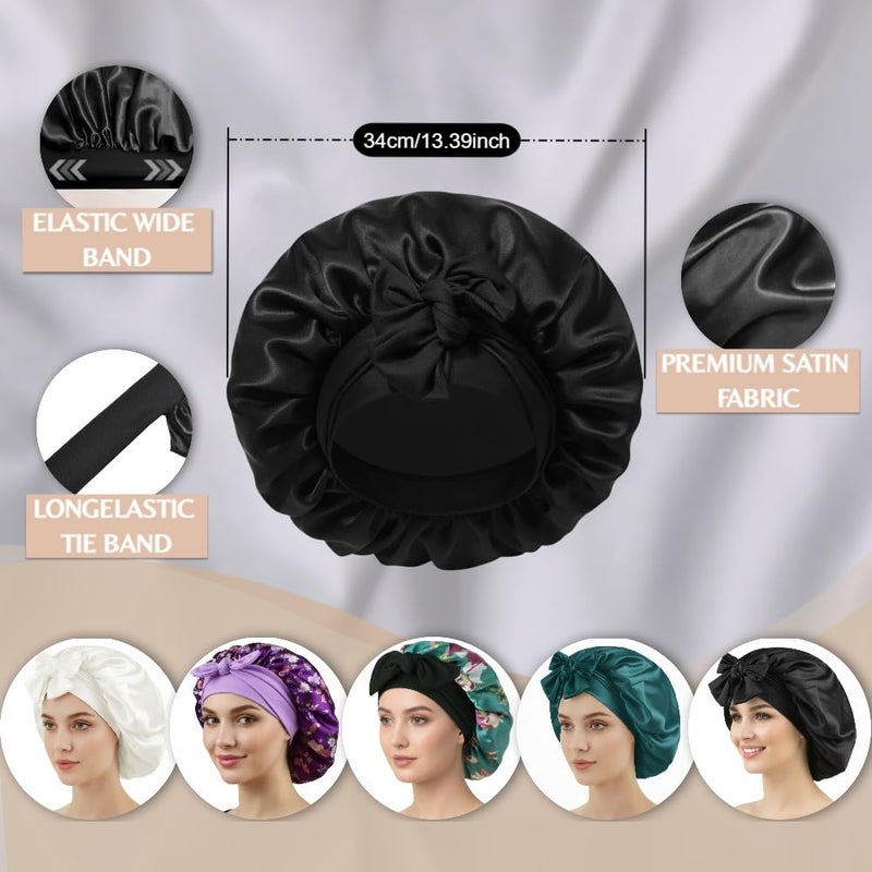 TALE KING Satin Bonnets for Sleeping Women Curly Hair Cover Large Silk Hair Bonnet Night Caps Satin Sleep Cap with Tie Band (Black) - Image 3
