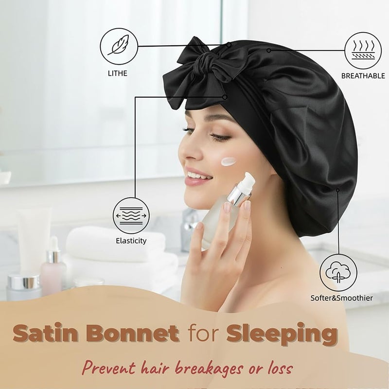 TALE KING Satin Bonnets for Sleeping Women Curly Hair Cover Large Silk Hair Bonnet Night Caps Satin Sleep Cap with Tie Band (Black) - Image 4