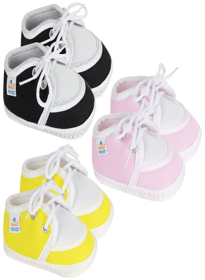 Neska Moda 6 To 12 Months Baby Boys & Girls Pack of 3 Pair Cotton Lace Baby Booties (Black,Baby Pink,Yellow) -SK145andBT9andSK146 - Image 1