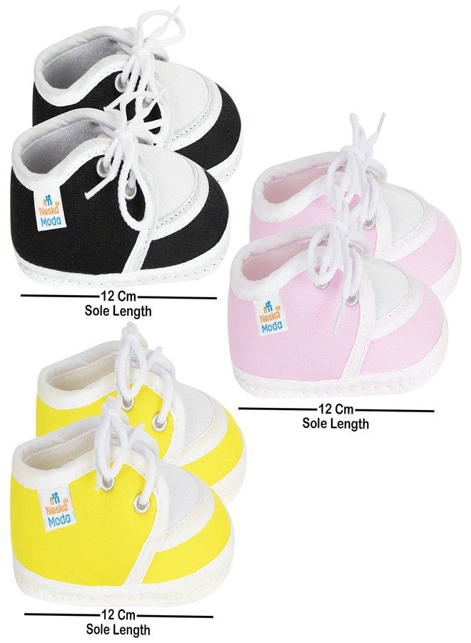 Neska Moda 6 To 12 Months Baby Boys & Girls Pack of 3 Pair Cotton Lace Baby Booties (Black,Baby Pink,Yellow) -SK145andBT9andSK146 - Image 2