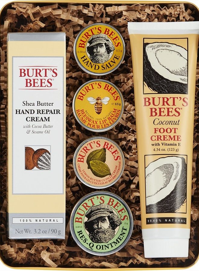 Burt's Bees Easter Basket Stuffers Gifts, 5 Body Care Products, Classics Set - Original Beeswax Lip Balm, Cuticle Cream, Hand Salve, Res-Q Ointment, Hand Repair Cream & Foot Cream, in Giftable Tin - Image 1