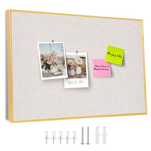 Aitakatta Bulletin Board with Golden Aluminum Frame Oatmeal White Fabric Cork Board for Walls 17 x 13 inches Pin Board with Push Pins for Office HomeGALFabric4333 - Image 1