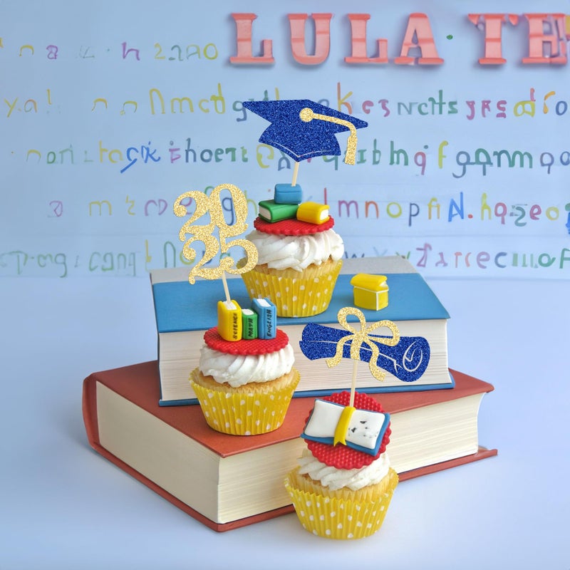Ephlyn 24Pcs Graduation Cupcake Toppers Grad Party Decoration Food Picks Congrats Glitter Diploma Cap School Cupcake Picks for 2025 Graduation Theme Party Cake Decoration Supplies Blue Gold - Image 5