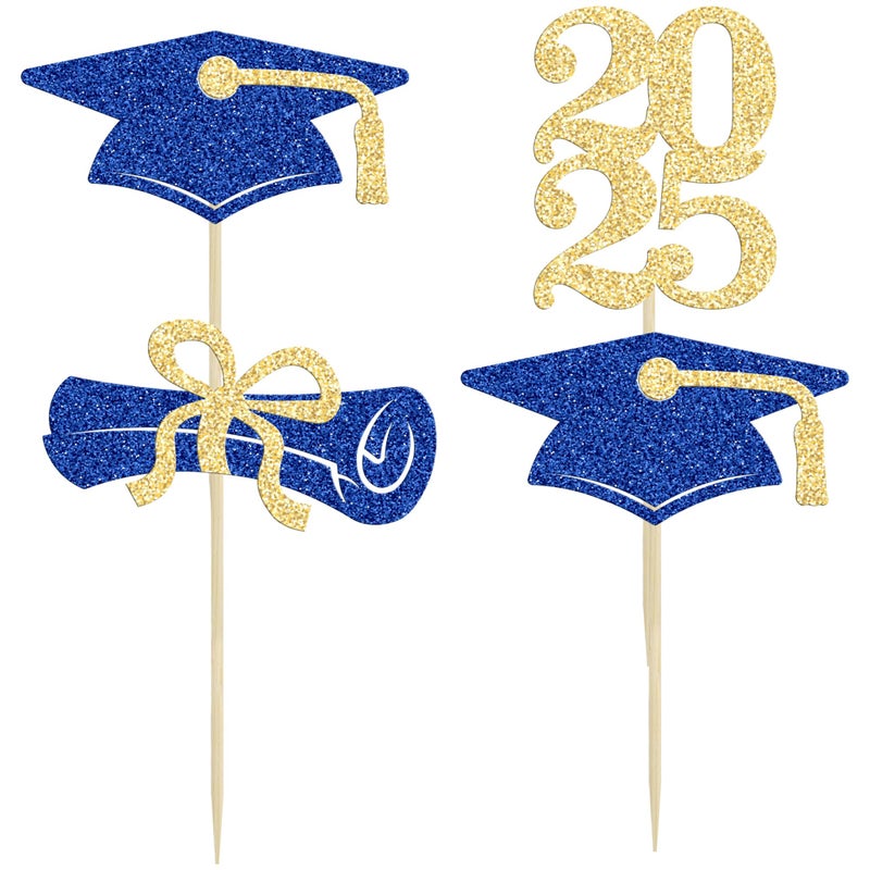 Ephlyn 24Pcs Graduation Cupcake Toppers Grad Party Decoration Food Picks Congrats Glitter Diploma Cap School Cupcake Picks for 2025 Graduation Theme Party Cake Decoration Supplies Blue Gold - Image 3