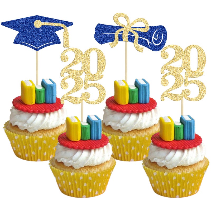 Ephlyn 24Pcs Graduation Cupcake Toppers Grad Party Decoration Food Picks Congrats Glitter Diploma Cap School Cupcake Picks for 2025 Graduation Theme Party Cake Decoration Supplies Blue Gold - Image 1