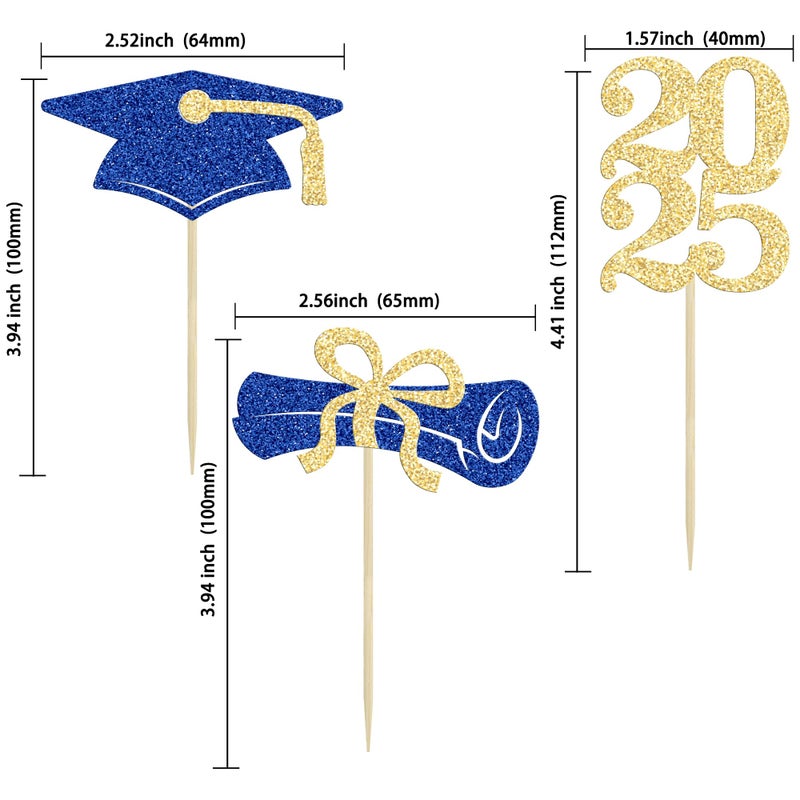 Ephlyn 24Pcs Graduation Cupcake Toppers Grad Party Decoration Food Picks Congrats Glitter Diploma Cap School Cupcake Picks for 2025 Graduation Theme Party Cake Decoration Supplies Blue Gold - Image 2