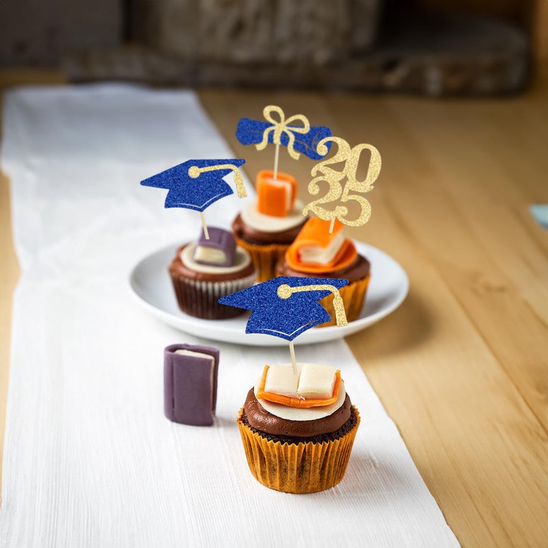 Ephlyn 24Pcs Graduation Cupcake Toppers Grad Party Decoration Food Picks Congrats Glitter Diploma Cap School Cupcake Picks for 2025 Graduation Theme Party Cake Decoration Supplies Blue Gold - Image 4