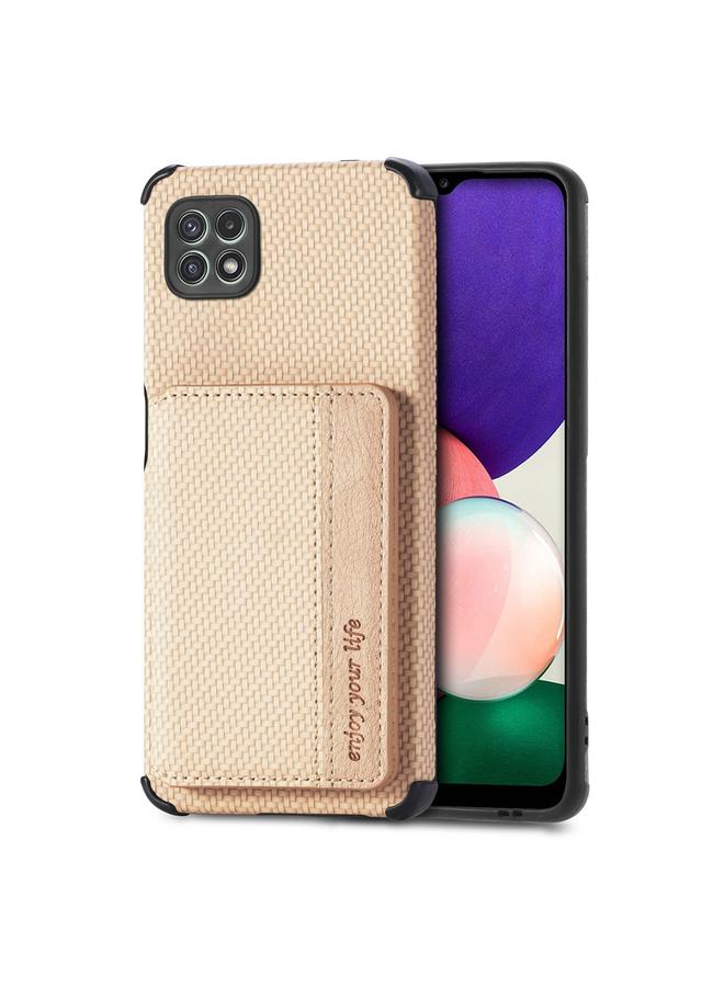 The Bros Case For Samsung Galaxy A22 5G Carbon Fiber Magnetic Card Bag TPU+PU Shockproof Back Cover Case with Holder & Card Slot & Photo Frame 