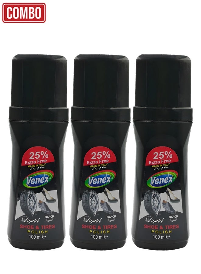 فينكس مجموعة فينيكس كومبو - 3 قطع من سائل تلميع الأحذية والإطارات من فينيكس، 100 مل، لون أسود، لاستعادة اللمعان للأحذية الجلدية والجزم وإطارات السيارات، لمعان فوري، إزالة الأوساخ، حماية من التشققات، لمسة نهائية تدوم طويلاً، سهل الاستخدام بفضل الإسفنجة المدمجة. - Image 1