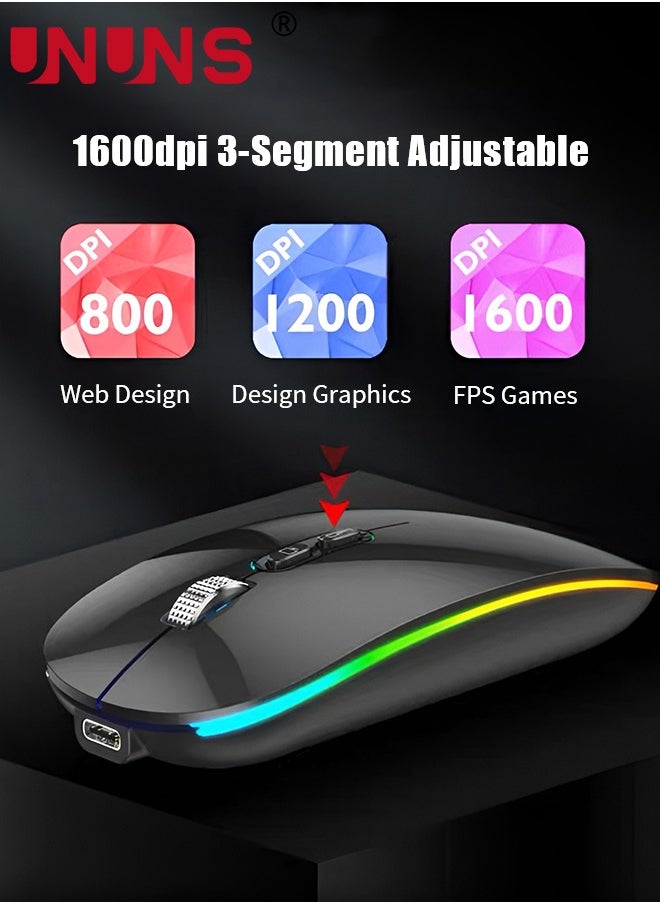 UNUNS - Wireless Bluetooth Mouse,Rechargeable Slim Silent Laptop Mouse,Portable BT5.2 And 2.4G USB Receiver Dual Mode Computer Mice,3 Adjustable DPI,For Notebook,Tablet,Phone,Black - Image 1