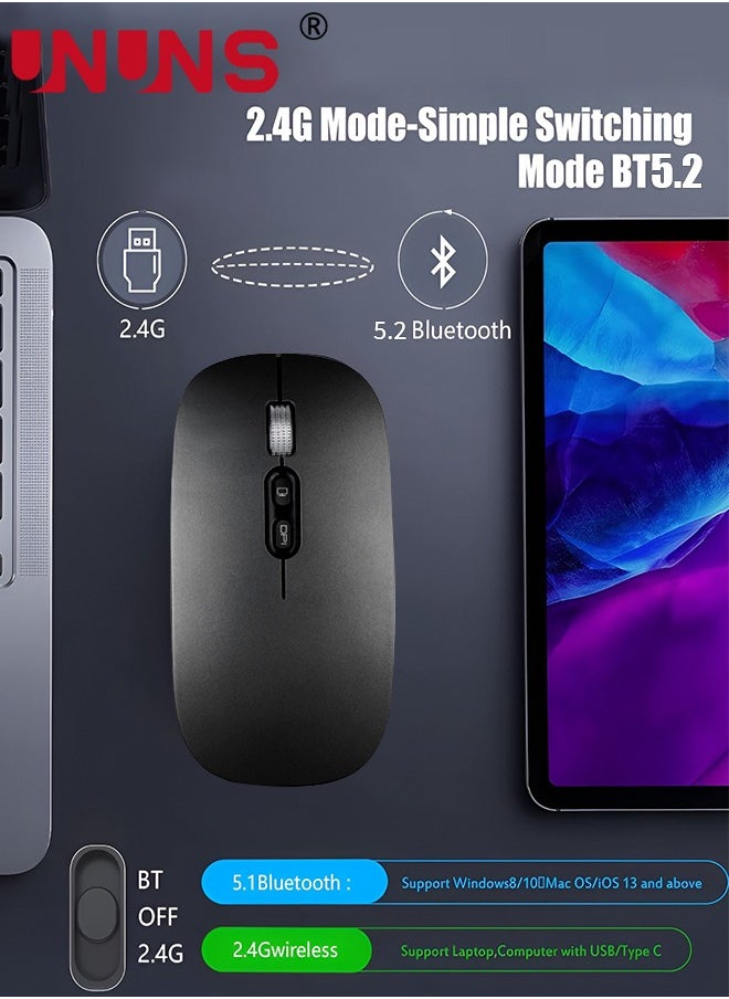 UNUNS - Wireless Bluetooth Mouse,Rechargeable Slim Silent Laptop Mouse,Portable BT5.2 And 2.4G USB Receiver Dual Mode Computer Mice,3 Adjustable DPI,For Notebook,Tablet,Phone,Black - Image 1