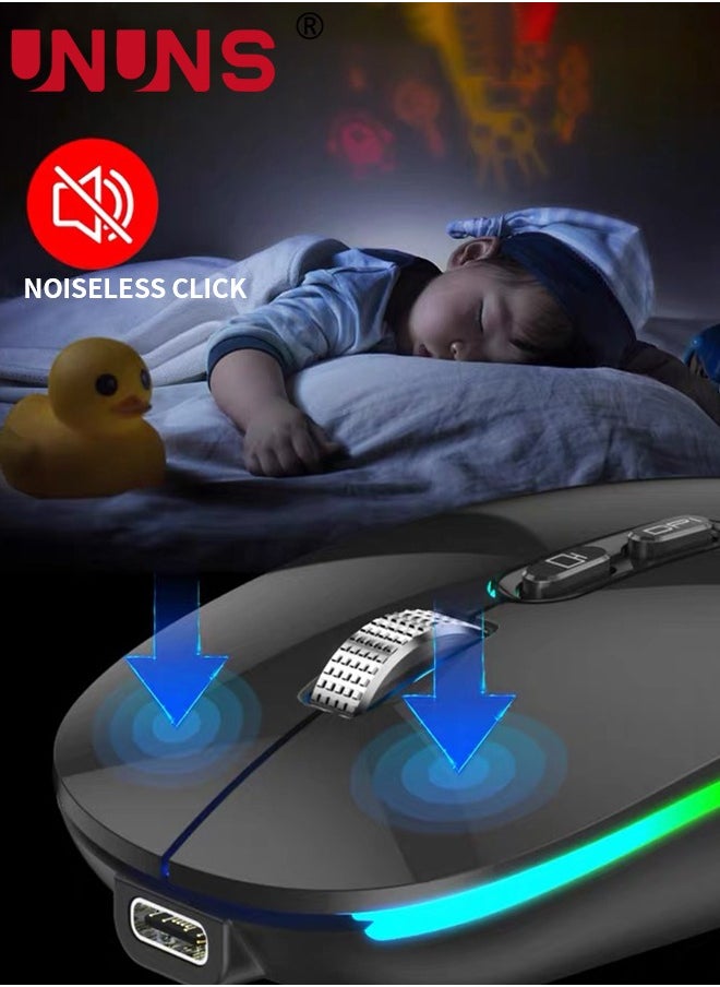 UNUNS - Wireless Bluetooth Mouse,Rechargeable Slim Silent Laptop Mouse,Portable BT5.2 And 2.4G USB Receiver Dual Mode Computer Mice,3 Adjustable DPI,For Notebook,Tablet,Phone,Black - Image 1