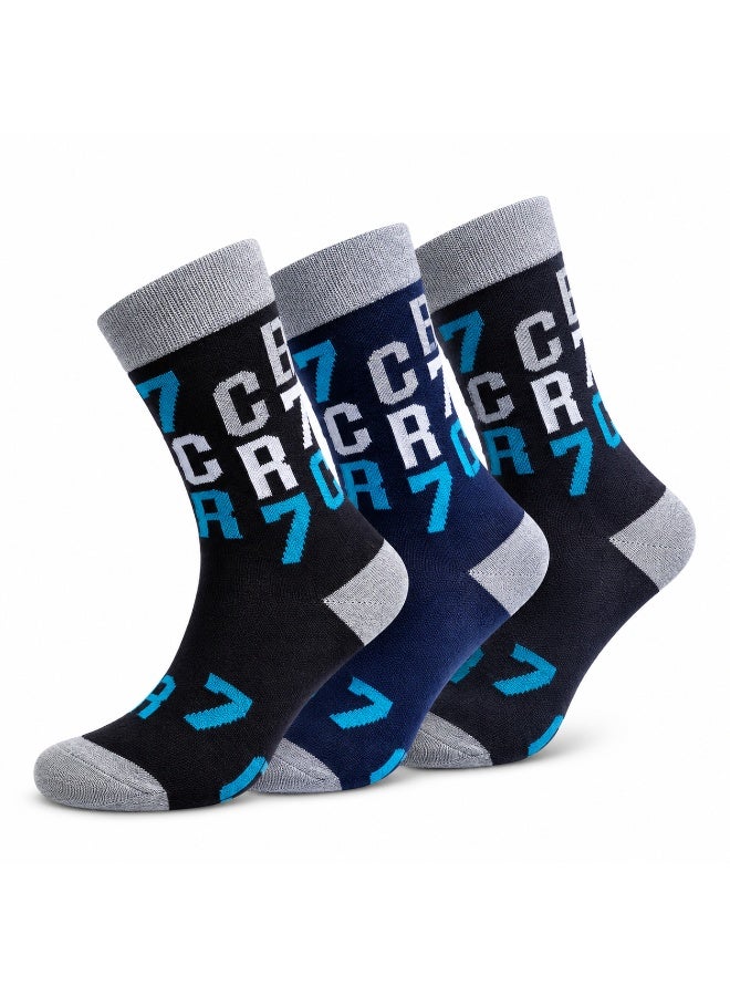 CR7 Kids Socks 3-Pack, Cotton Blend Crew Socks, Black and Navy, 70% Cotton, 29% Polyester, 1% Elastane - Image 1