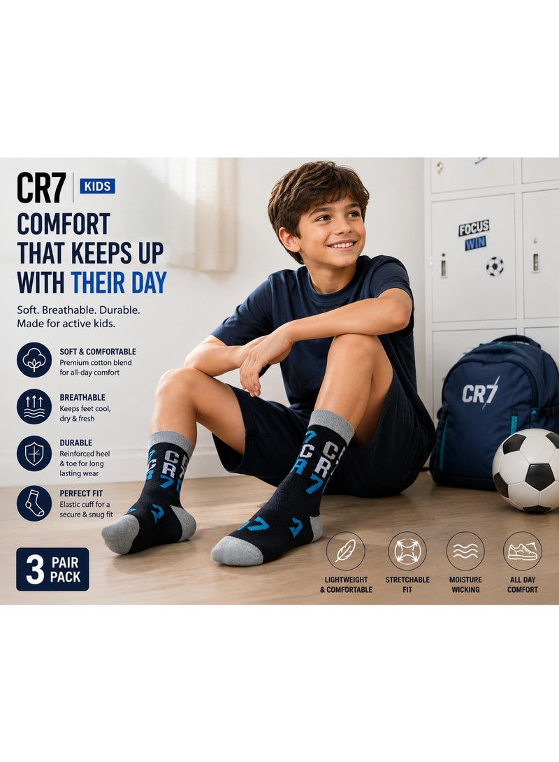 CR7 Kids Socks 3-Pack, Cotton Blend Crew Socks, Black and Navy, 70% Cotton, 29% Polyester, 1% Elastane - Image 4