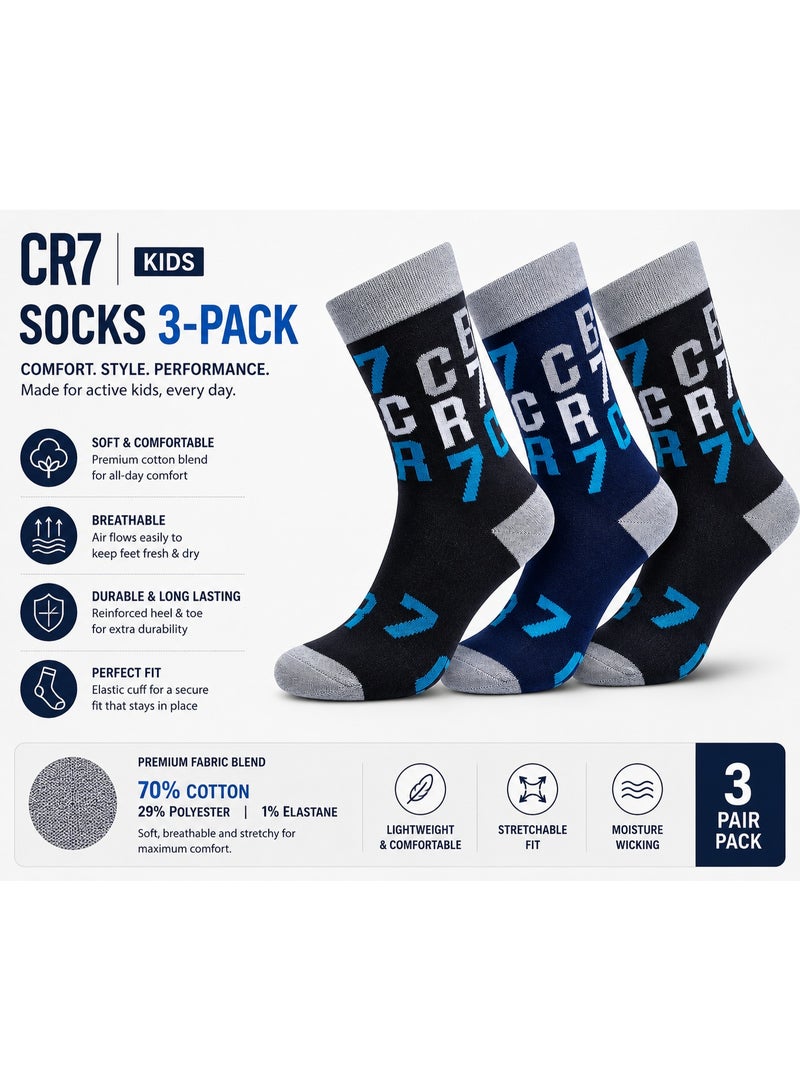 CR7 Kids Socks 3-Pack, Cotton Blend Crew Socks, Black and Navy, 70% Cotton, 29% Polyester, 1% Elastane - Image 3