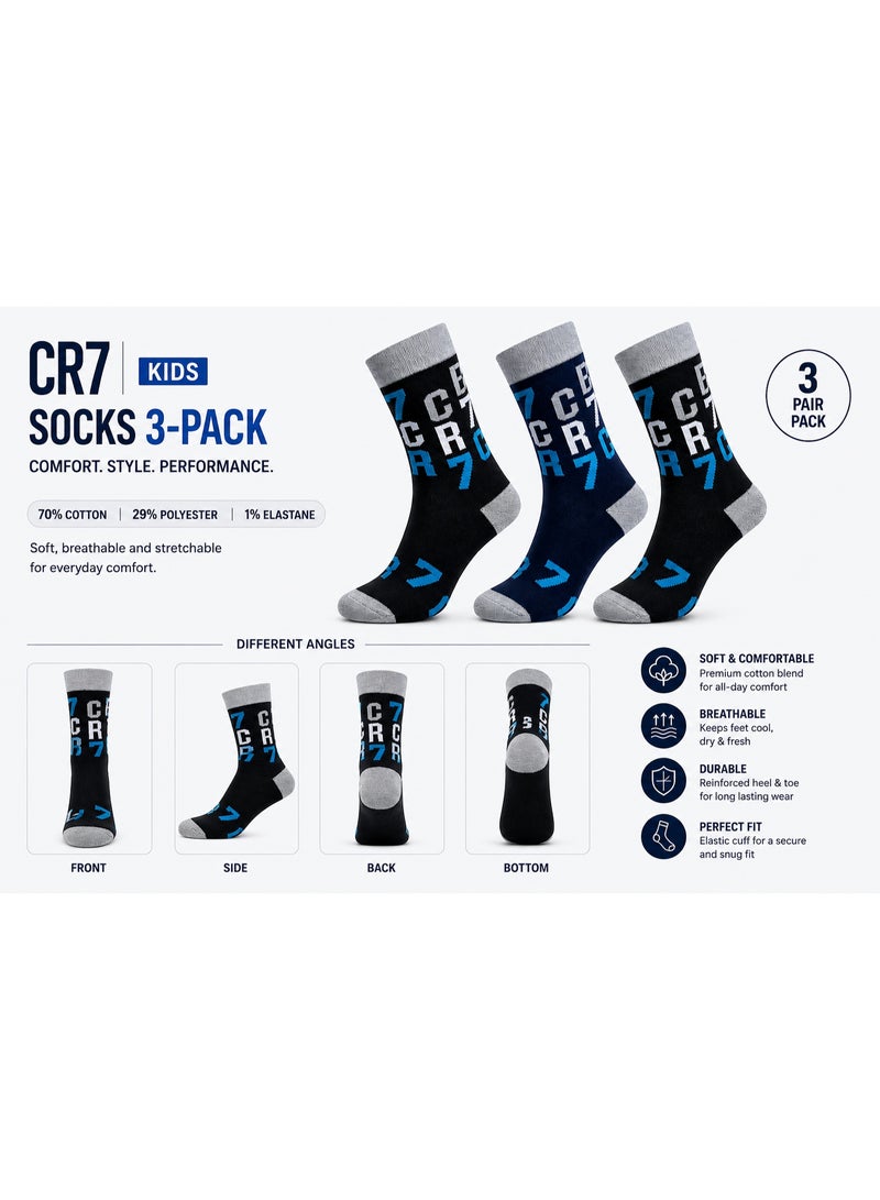CR7 Kids Socks 3-Pack, Cotton Blend Crew Socks, Black and Navy, 70% Cotton, 29% Polyester, 1% Elastane - Image 5