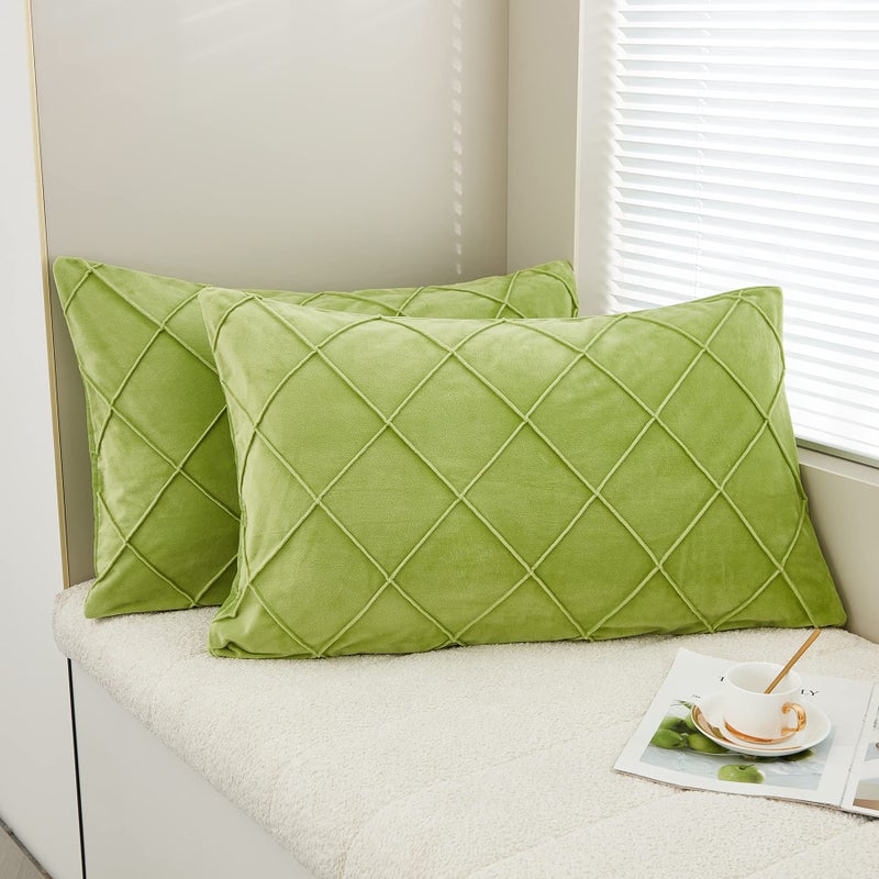 JAUXIO Diamond Pinch Pleated Crystal Velvet Pillowcases 2 Pack Solid Pintuck Throw Cushion Cover for Home Decor Hidden Zipper Closure (Apple Green  King)