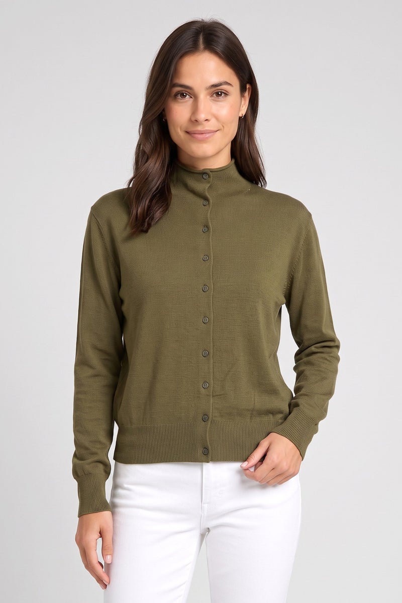 Threadbare Women Funnel Neck Long sleeve Knitted Cardigan, Khaki Green - Image 1