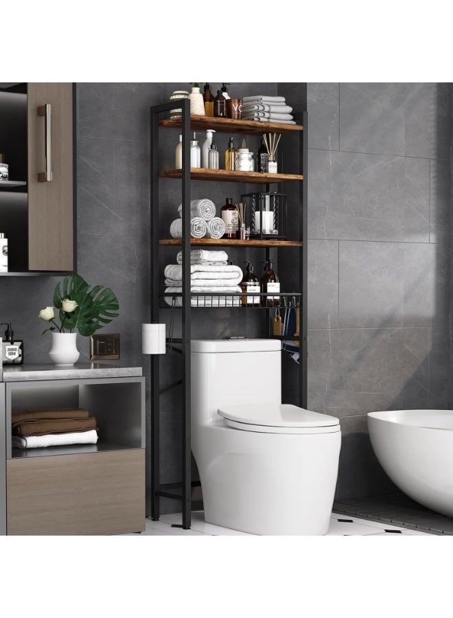 Over The Toilet Storage Rack, 4-Tier Bathroom Organizer Shelf with Adjustable Shelves, Metal Frame, Basket, Toilet Paper Holder and Removable Hooks, Freestanding Space Saver for Bathroom, Laundry Room