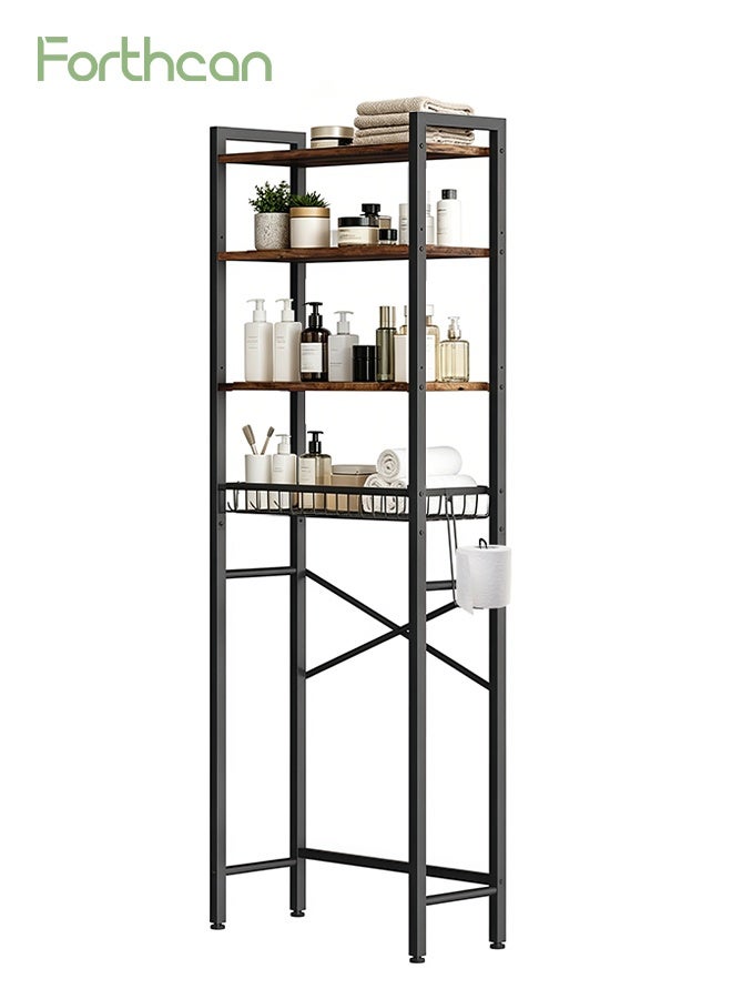 Forthcan Over The Toilet Storage Rack, 4-Tier Bathroom Organizer Shelf with Adjustable Shelves, Metal Frame, Basket, Toilet Paper Holder and Removable Hooks, Freestanding Space Saver for Bathroom, Laundry Room - Image 1