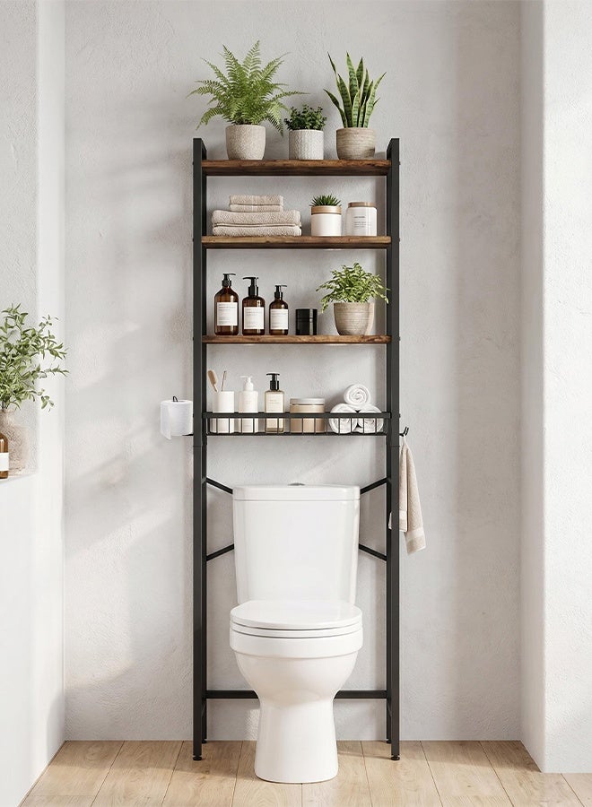 Forthcan Over The Toilet Storage Rack, 4-Tier Bathroom Organizer Shelf with Adjustable Shelves, Metal Frame, Basket, Toilet Paper Holder and Removable Hooks, Freestanding Space Saver for Bathroom, Laundry Room - Image 3