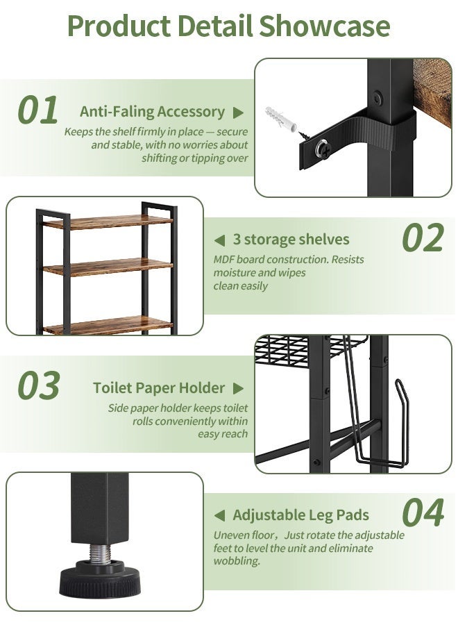 Forthcan Over The Toilet Storage Rack, 4-Tier Bathroom Organizer Shelf with Adjustable Shelves, Metal Frame, Basket, Toilet Paper Holder and Removable Hooks, Freestanding Space Saver for Bathroom, Laundry Room - Image 4