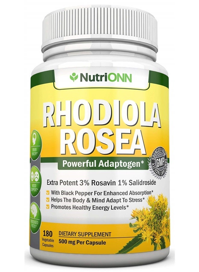 NutriONN Rhodiola Rosea - 500mg - 180 Vegan Capsules - 3% Rosavin 1% Salidroside Extract - Non-GMO - with Black Pepper for Enhanced Absorption - 6 Month Supply - Supplement for Energy & Stamina - Image 1