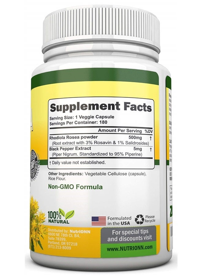NutriONN Rhodiola Rosea - 500mg - 180 Vegan Capsules - 3% Rosavin 1% Salidroside Extract - Non-GMO - with Black Pepper for Enhanced Absorption - 6 Month Supply - Supplement for Energy & Stamina - Image 2