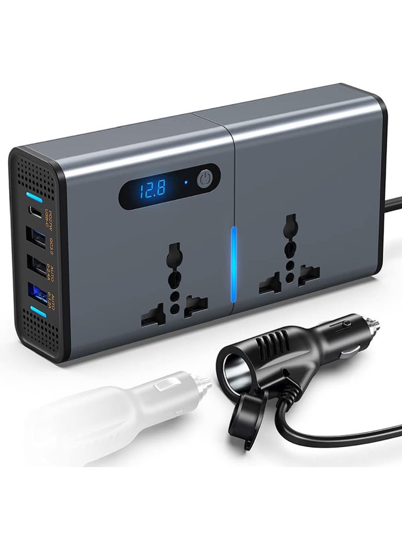 Rock Pow 200W Car Power Inverter DC 12/24V to 220V AC Car Inverter 3 USB 1 Type-C Ports Charger Adapter Car Plug Converter with Switch and Current LED Screen Suitable for Cars SUV & Truck  - Image 1