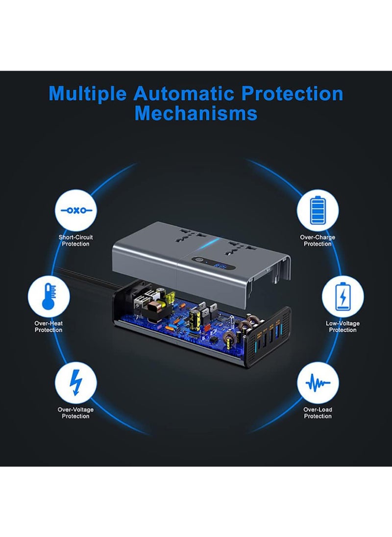 Rock Pow 200W Car Power Inverter DC 12/24V to 220V AC Car Inverter 3 USB 1 Type-C Ports Charger Adapter Car Plug Converter with Switch and Current LED Screen Suitable for Cars SUV & Truck  - Image 4