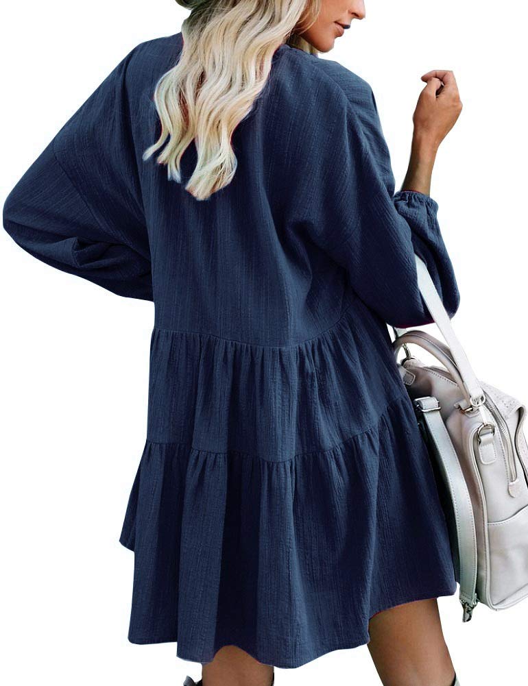 FANCYINN Long Sleeve Shift Tunic Dress Ruffle Swing Babydoll Juniors Mini Navy Blue Ruffle Dress with Pockets L - Image 2