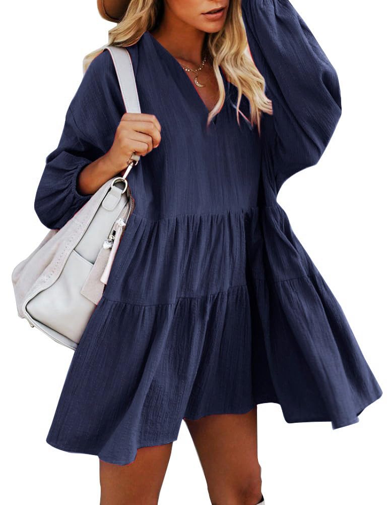 FANCYINN Long Sleeve Shift Tunic Dress Ruffle Swing Babydoll Juniors Mini Navy Blue Ruffle Dress with Pockets L - Image 4