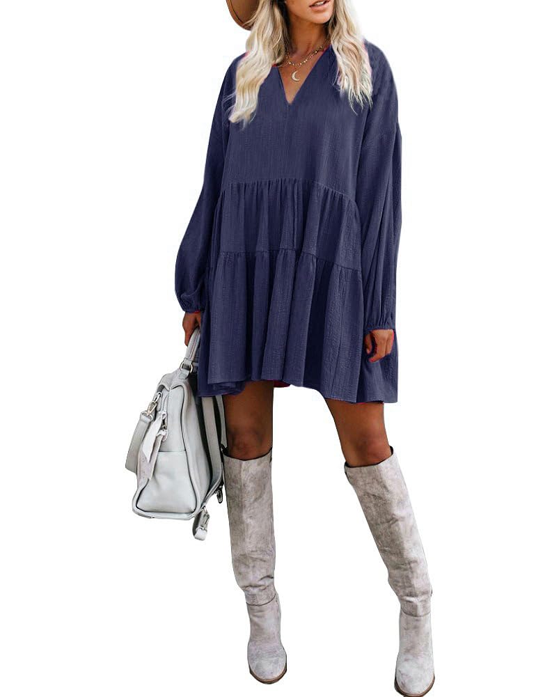 FANCYINN Long Sleeve Shift Tunic Dress Ruffle Swing Babydoll Juniors Mini Navy Blue Ruffle Dress with Pockets L - Image 3