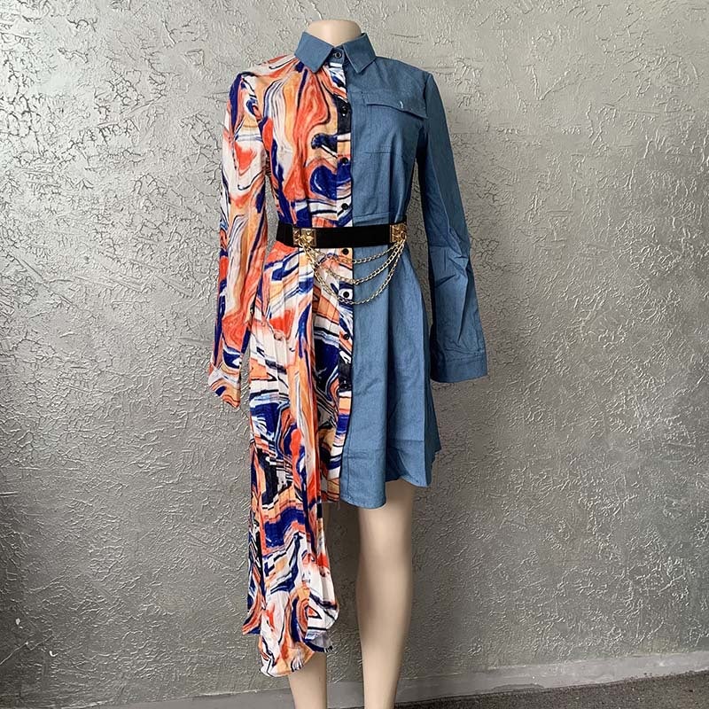 Supply Denim chiffon stitching unique cutting fashion loose shirt dress Europe, America and Africa plus size specials Orange belt