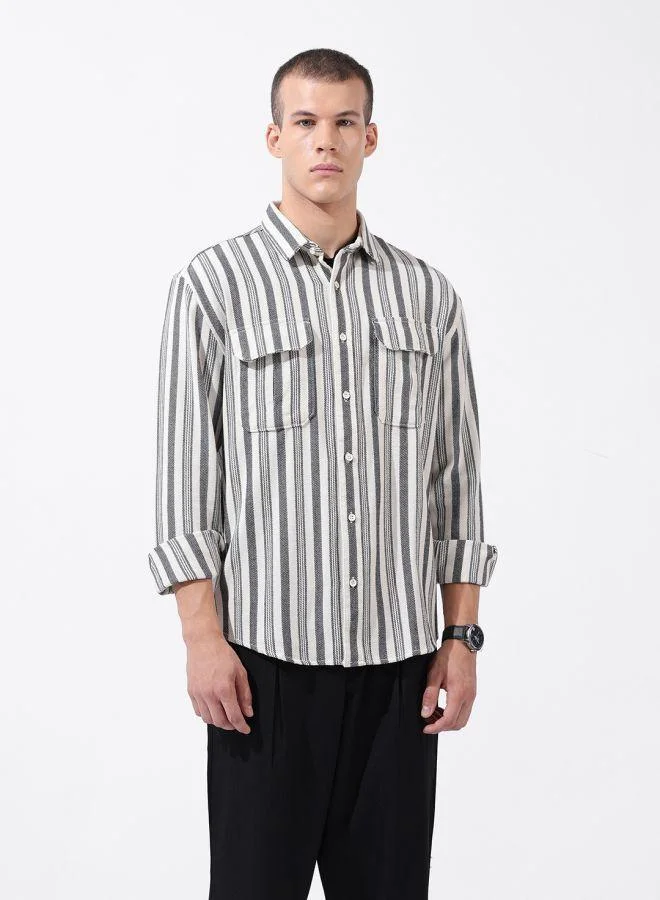 The Indian Garage Co Men Relaxed Fit Striped Cutaway Collar Full Sleeves Shirt