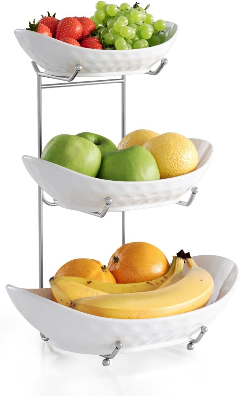 Acliys Fruit Bowl, 3 Tier Ceramic Fruit Basket, 3 Tier Serving Stand Serving Bowl with Metal Rack, Porcelain Kitchen Bowls for Fruit Vegetable Snack Nuts Dessert Cake Tray for Party Wedding - Image 1