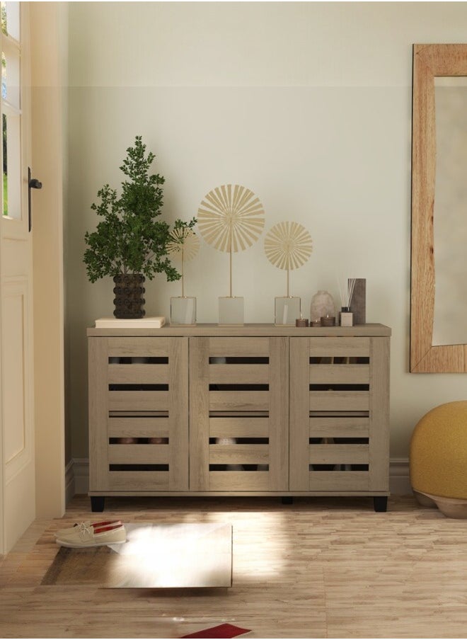 woodx Shoe Storage Cabinet with Slatted Doors – Beige Wood Color – 3-Door Design  - Image 2
