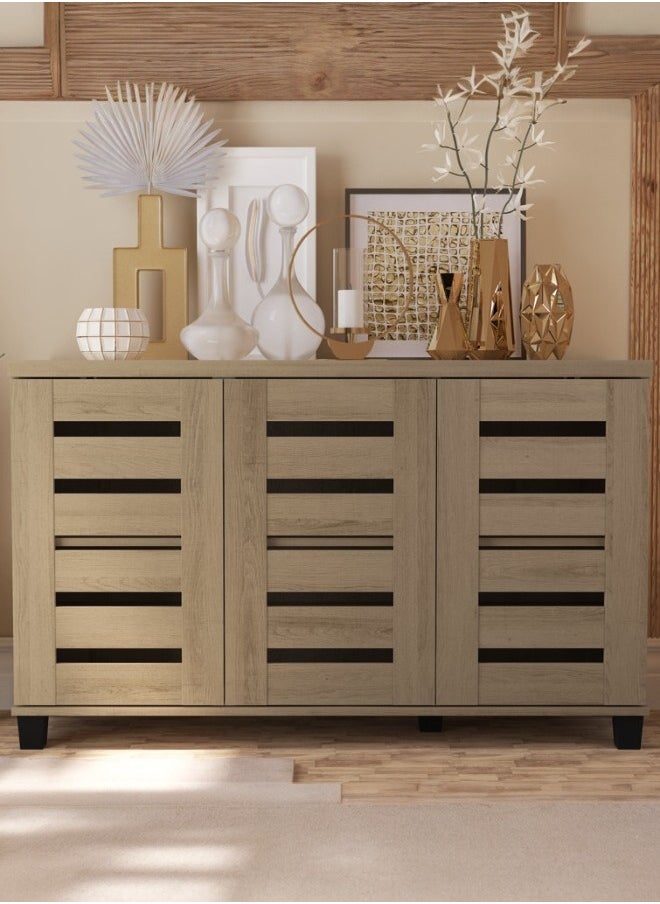 woodx Shoe Storage Cabinet with Slatted Doors – Beige Wood Color – 3-Door Design  - Image 1