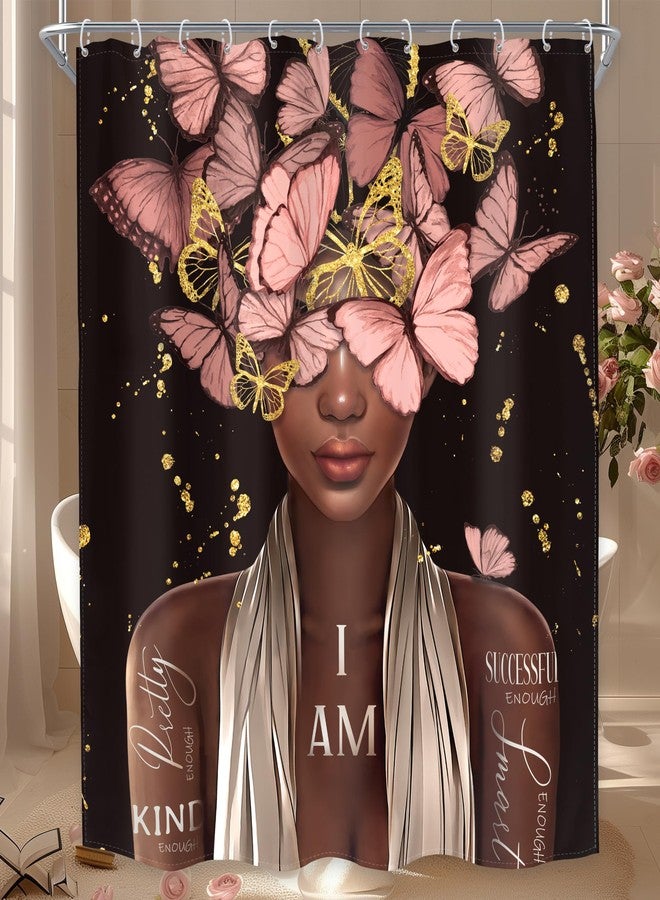 MESHELLY Black and Pink Shower Curtain 60Wx72H Black Woman Gold Butterfly Shower Curtain African American Vintage Inspiration Quote Afro Lady Bath Curtain Fabric Black Girl Bathroom Decor with 12 Hook - Image 3