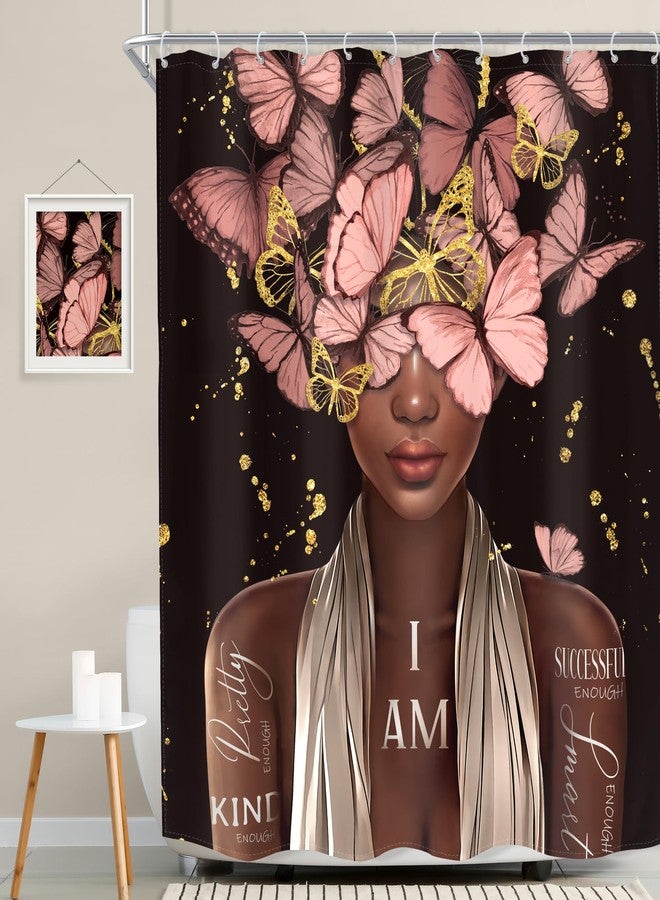 MESHELLY Black and Pink Shower Curtain 60Wx72H Black Woman Gold Butterfly Shower Curtain African American Vintage Inspiration Quote Afro Lady Bath Curtain Fabric Black Girl Bathroom Decor with 12 Hook - Image 2