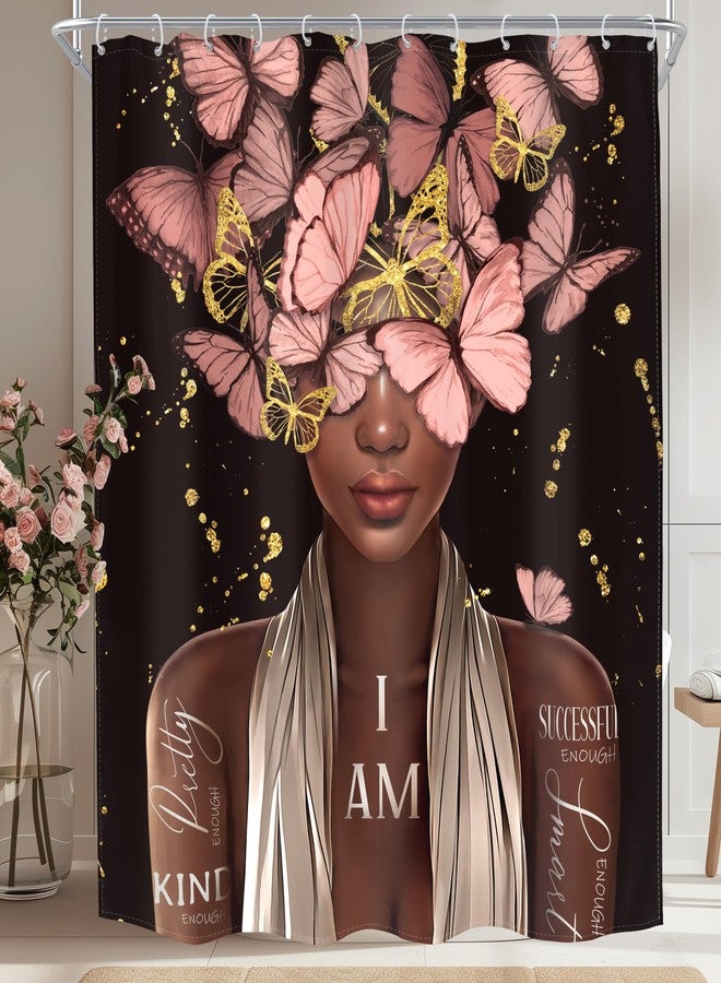 MESHELLY Black and Pink Shower Curtain 60Wx72H Black Woman Gold Butterfly Shower Curtain African American Vintage Inspiration Quote Afro Lady Bath Curtain Fabric Black Girl Bathroom Decor with 12 Hook - Image 1