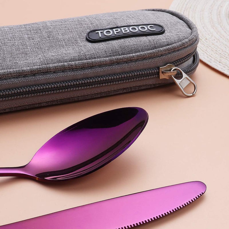 Topbooc طقم أدوات مائدة محمولة من الفولاذ المقاوم للصدأ مكون من 8 قطع من Topbooc، طقم أدوات مائدة للتخييم أثناء السفر مع حافظة أرجوانية مقاومة للماء - Image 4