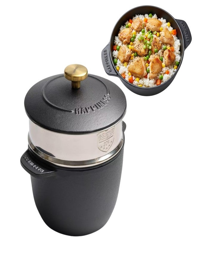 CiCixixi 1.95 Quart Cast Iron Steamer Pot, Uncoated Cast Iron Rice Pot Dutch Oven Nonstick Saucepan with Lid & Stainless Steel Steamer Basket - Image 1