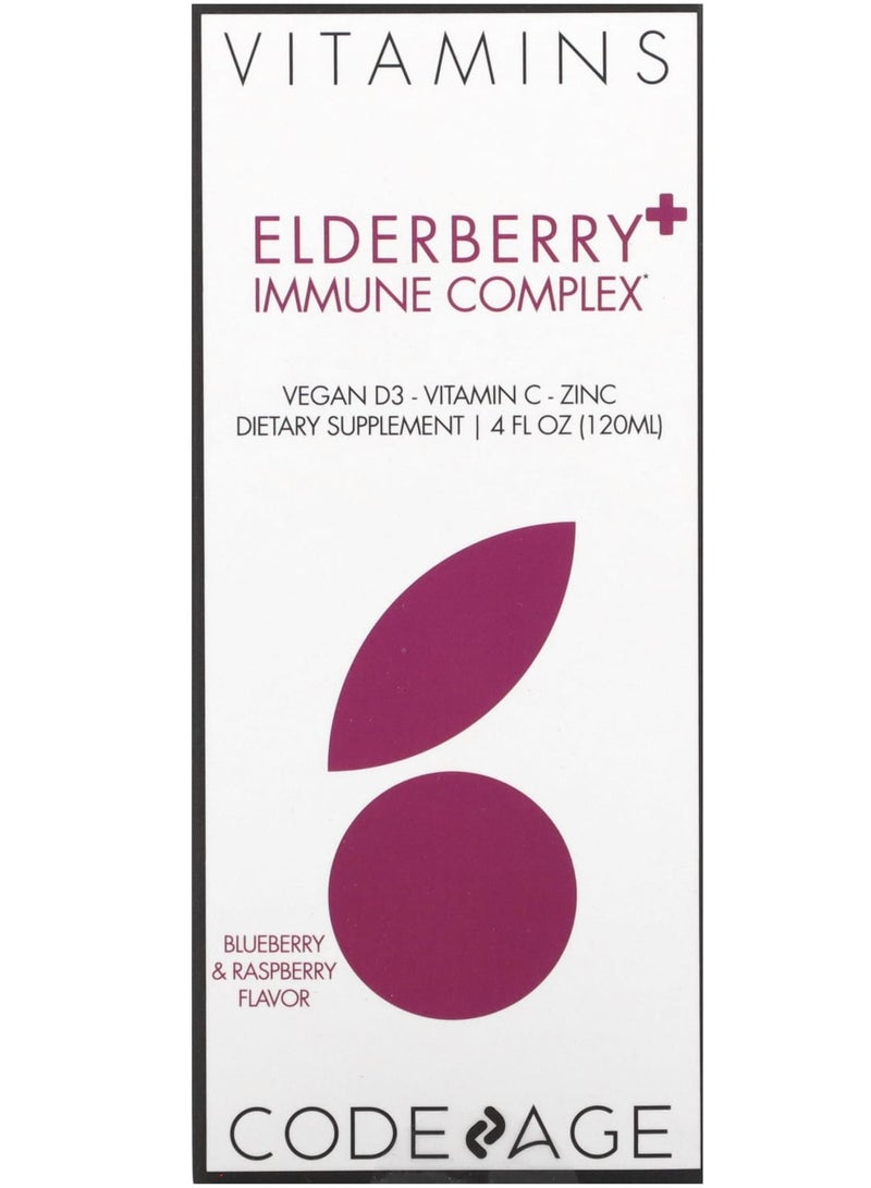 Codeage Vitamins, Elderberry+ Immune Complex, Vegan D3, Vitamin C, Zinc, Blueberry & Raspberry, 4 fl oz (120 ml)