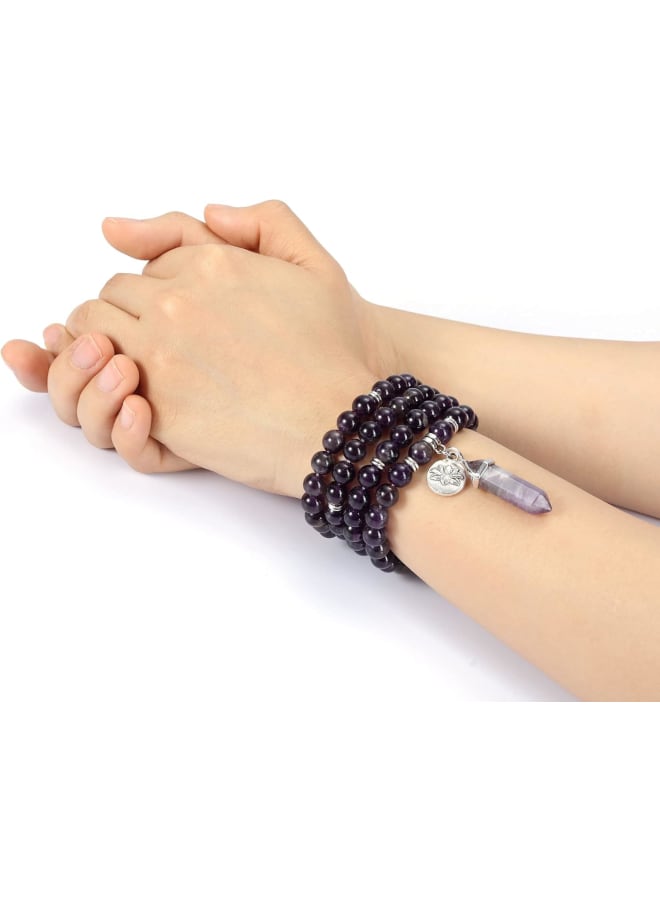 JSDDE 108 Mala Prayer Beads Wrap Bracelet Natural Amethyst Crystals Gemstone Lotus Pendant Necklace for Healing Meditation  - Image 3