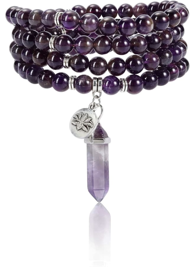 JSDDE 108 Mala Prayer Beads Wrap Bracelet Natural Amethyst Crystals Gemstone Lotus Pendant Necklace for Healing Meditation  - Image 1