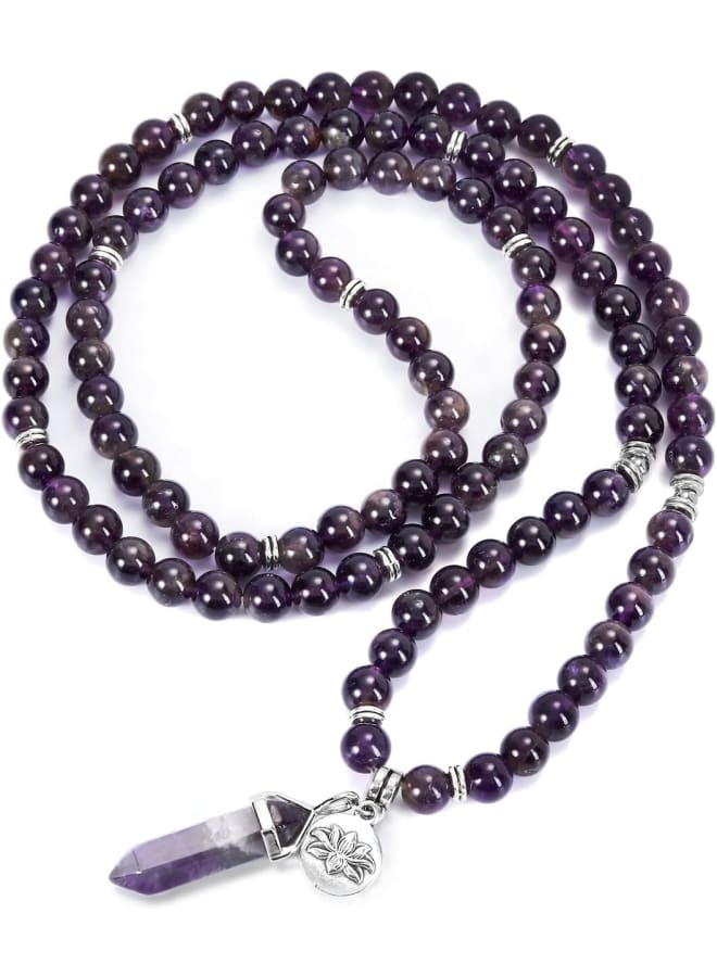 JSDDE 108 Mala Prayer Beads Wrap Bracelet Natural Amethyst Crystals Gemstone Lotus Pendant Necklace for Healing Meditation  - Image 2